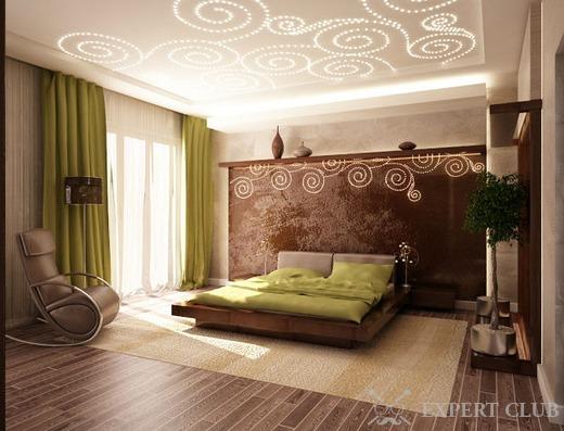 Оливковый цвет позволяет «оживить» интерьер спальни
