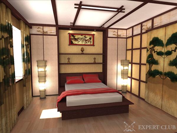 При оформлении спальни в японском стиле обязательно учитываются требования фен-шуй